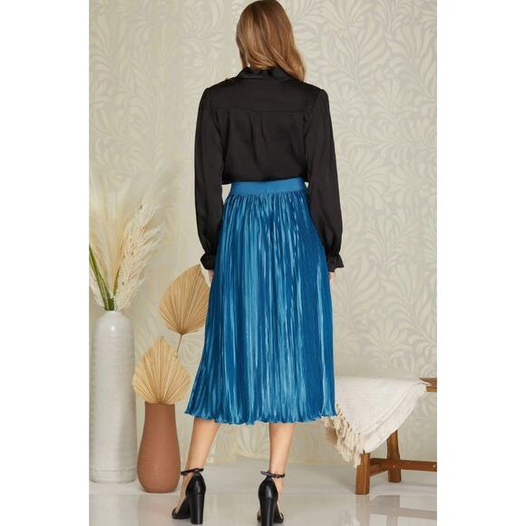 Teal Satin Pleated Midi Skirt Elastic Waist Skirt - Picture 3 of 6